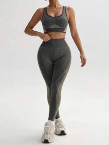 Dewbera 女士条纹背心和紧身裤运动套装 - 灰色 - 查看 4