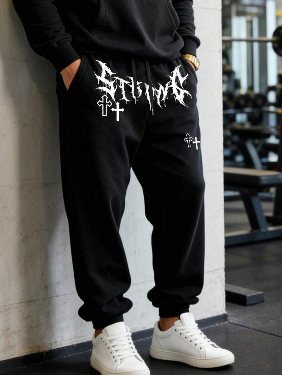 Manfinity Sport Corelite Quần thể thao nam kiểu dáng thường ngày, in chữ Gothic, có dây rút. - màu đen - Xem 1