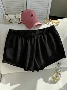 Comfortcana Plus Size Solid Color Elastic Waist Loose Casual Shorts, Versatile For Spring/Summer - Black - View 1