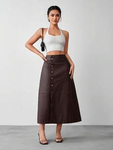 Jeanoix 女士优雅荷叶边腰部通勤高腰A字棕色长裙 - 巧克力棕 - 查看 5