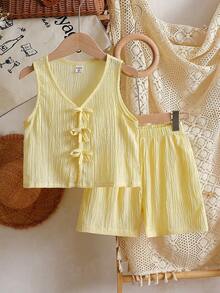 SHEIN Vintaside Kids 2件套女童无袖条纹编织背心，带蝴蝶结装饰，搭配松紧腰宽松短裤，夏季套装，适合母亲节和儿童节。 - 黃色 - 查看 3