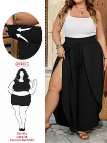 SHEIN CURVE+ Quần ống loe dáng suông, size US22, thích hợp cho các lễ hội âm nhạc, kỳ nghỉ biển, phong cách bohemian, màu trơn, thời trang thường ngày, phù hợp mặc mùa hè. - màu đen - Xem 1