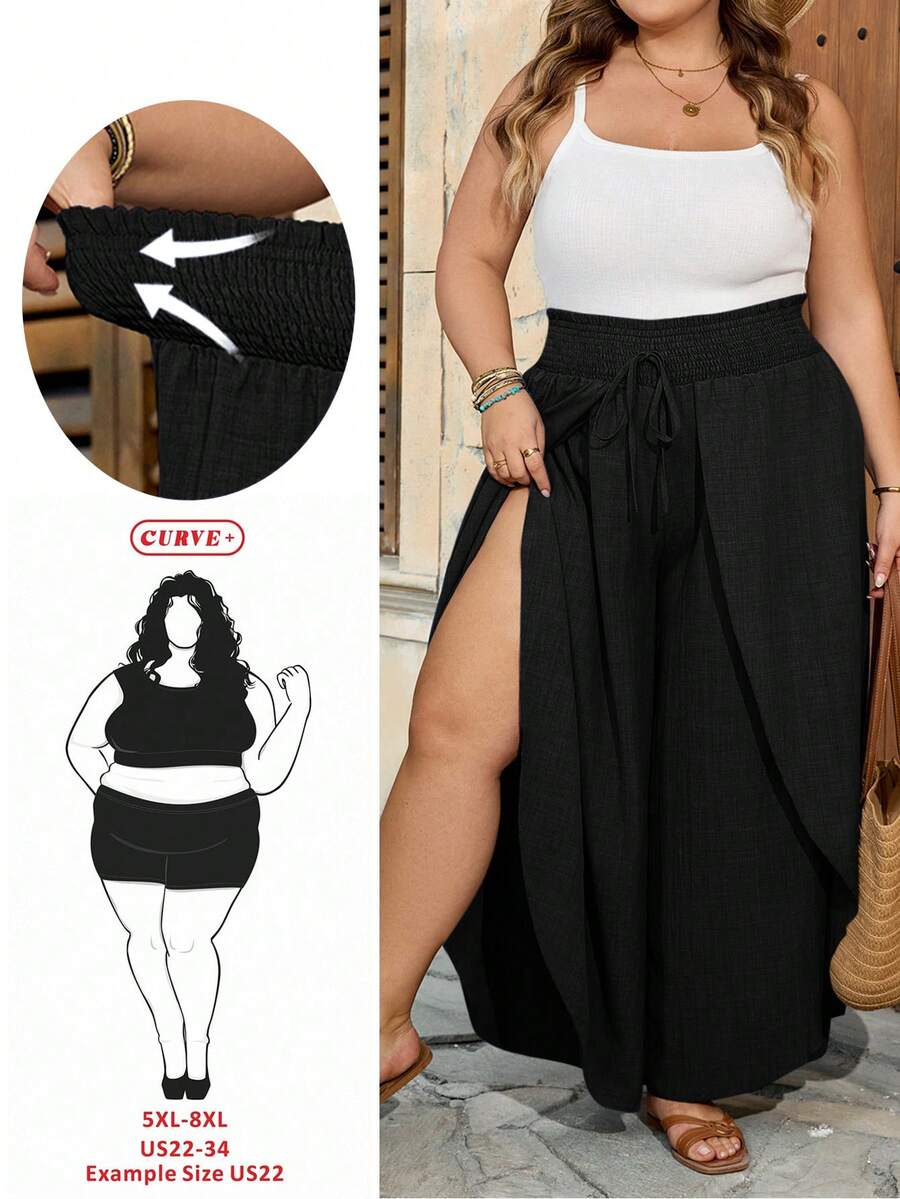 SHEIN CURVE+ Quần ống loe dáng suông, size US22, thích hợp cho các lễ hội âm nhạc, kỳ nghỉ biển, phong cách bohemian, màu trơn, thời trang thường ngày, phù hợp mặc mùa hè. - màu đen - Xem 1