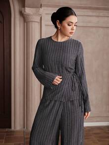 Graceveil Women's Blue White Stripe Autumn Elegant Office 3 Pieces Set Round Neck Long Sleeve Top Wide Leg Pants Business Casual Co Ords Terno Blouse Outfit - Green - View 5