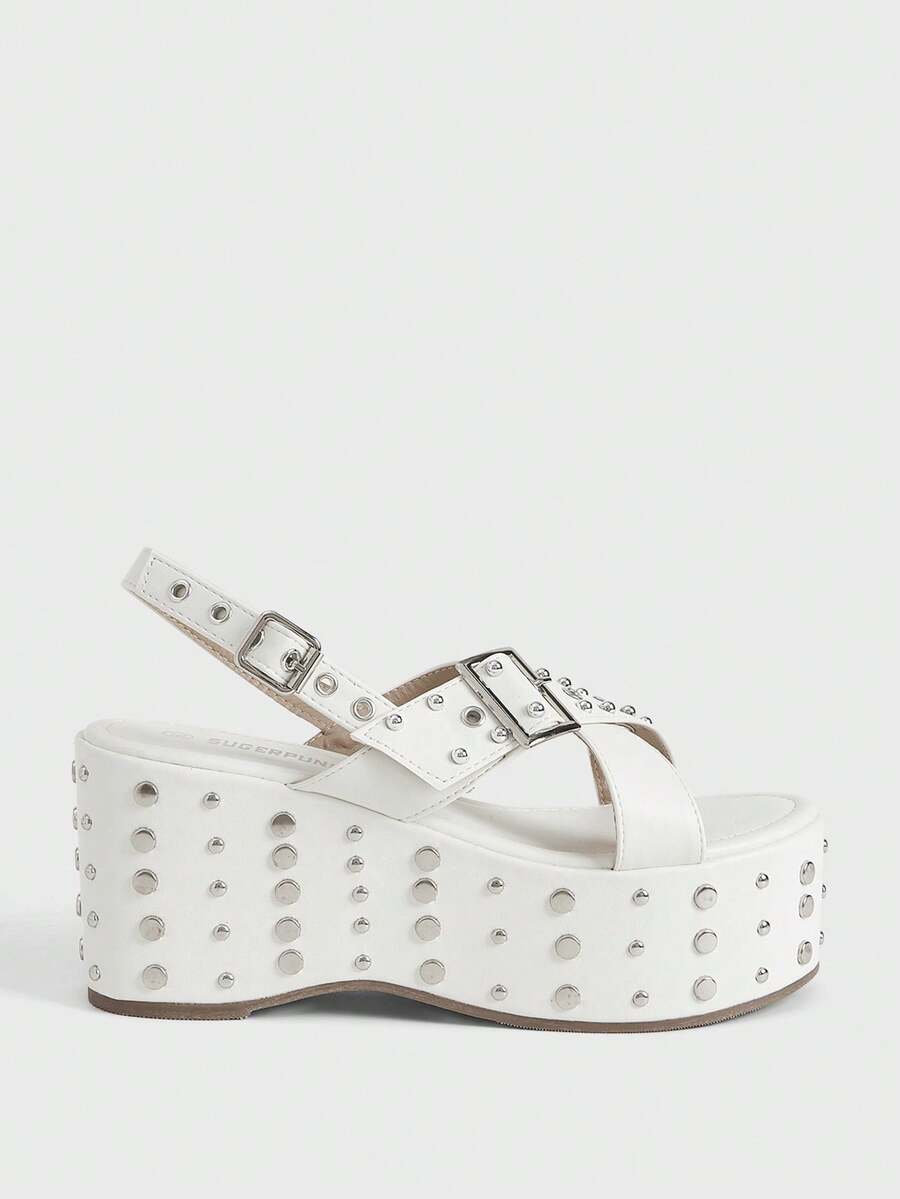 Sugerpunk Ladies, Spike Buckles, Lame-Heeled Platform Sandals. - Apricot - View 1