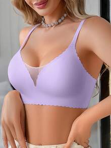 SHEIN 1pc Seamless Mesh Patchwork Solid Color Ruffled Adjustable Wireless Removable Padded Bra For Women - Lilac Purple - View 4