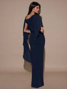 SHEIN BAE Women's Solid Color Poncho Design Fitted Elegant Dress - Navy Blue - View 2