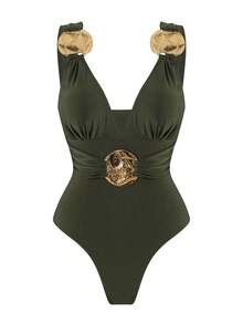 Swim Oasis Women's Solid Color Elegant One-Piece Swimsuit + Long Skirt With Round Golden Decor, Green Summer Holiday Beach Party Resort Dinner Outfits - Army Green - View 5