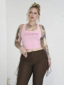 Arliah 女式 Y2K 水钻字母印花修身短款背心 夏季图案 T 恤 女式上衣 - 粉色 - 查看 3