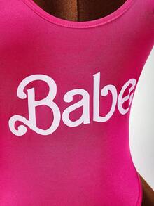 Amplova Shiny Fabric Sexy Plunging Neckline Women's Bodysuit - Hot Pink - View 6