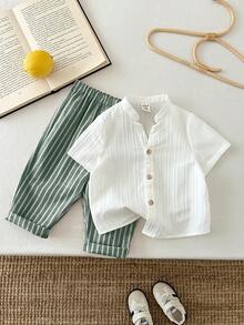LMoss Kids Bộ 2 món áo sơ mi cổ bẻ màu trơn cho bé trai (áo sơ mi có cổ và quần) - màu xanh lá - Xem 4