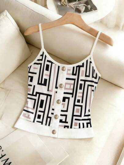Franclia 复古几何迷宫图案撞色细肩带单排扣金属扣修身性感吊带背心
