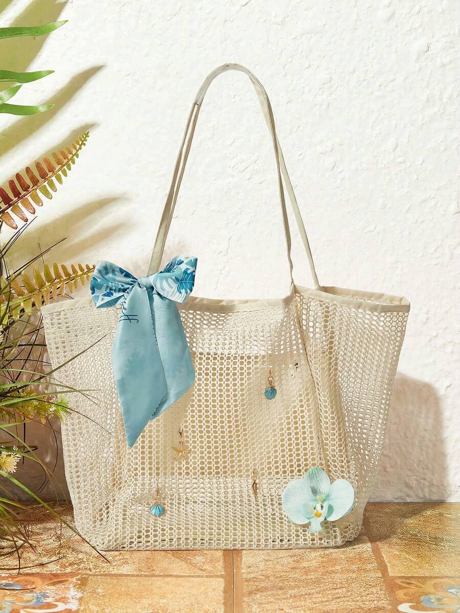 SHECARRY 1个手工编织手提包，配有丝巾蝴蝶结和人造兰花，大容量单肩包，非常适合夏季度假和海滩使用（配件需自行组装），沙滩包 - 多色J - 查看 1