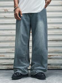 Modcrash 1pc American Style Men's Street Fashion Embroidered Wide Leg Pants, Loose Casual Comfortable Commuting All-Season Versatile Jeans (No Belt Or Accessories) , Retro American, Unisex, Relaxed Fit Summer Outfits – Suitable For Everyday Wear And Summer Holiday Outfits. - Blue - View 6