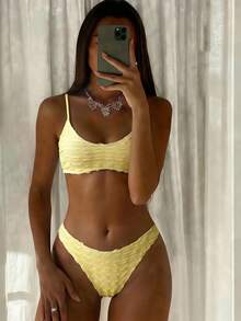 Swim Mod Bộ 2 món đồ bơi bikini mùa hè cho nữ, màu vàng, chất liệu dệt kim raffia, kiểu jacquard, gồm áo hai dây và quần bikini cạp cao. - Nhiều màu - Xem 7