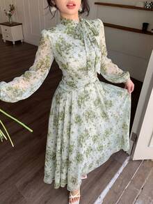 Modelyn 绿色系领褶皱腰身女式连衣裙，适合春秋季穿着 - 綠色 - 查看 4