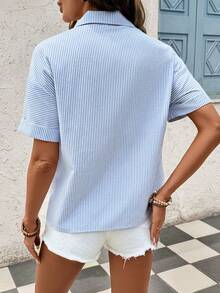 Balvessa Women's Basic Striped Short Sleeve Cotton Shirt, Summer - Blue and White - View 2