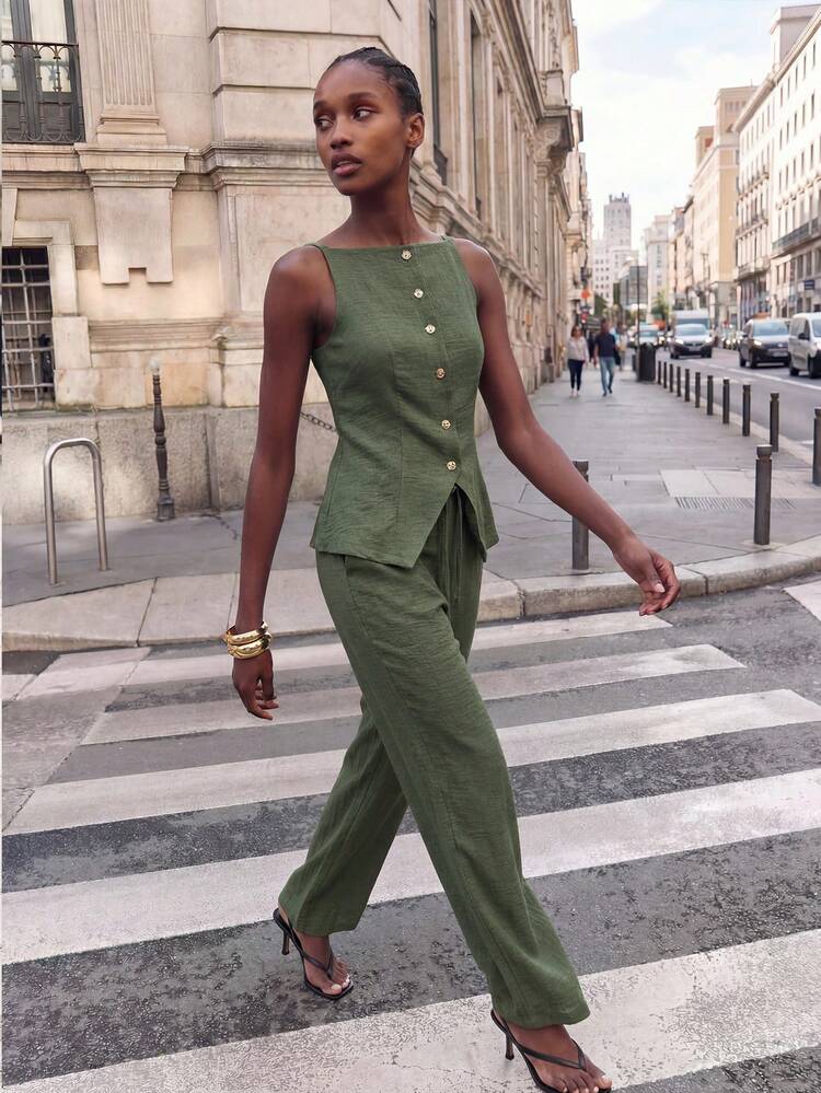 SHEIN Maija Women's Casual Commuting Solid Color Single-Breasted Tie-Back Camisole And Pants Set, Summer Clothes, Beach Outfit ,Summer Holiday Outfits,Vacation Outfits For Women Women Suit Sets Women Elegant Outfits Terno Outfit For Women Pants And Top Dress Working Dress For Women Women 2 Piece Outfit Casual