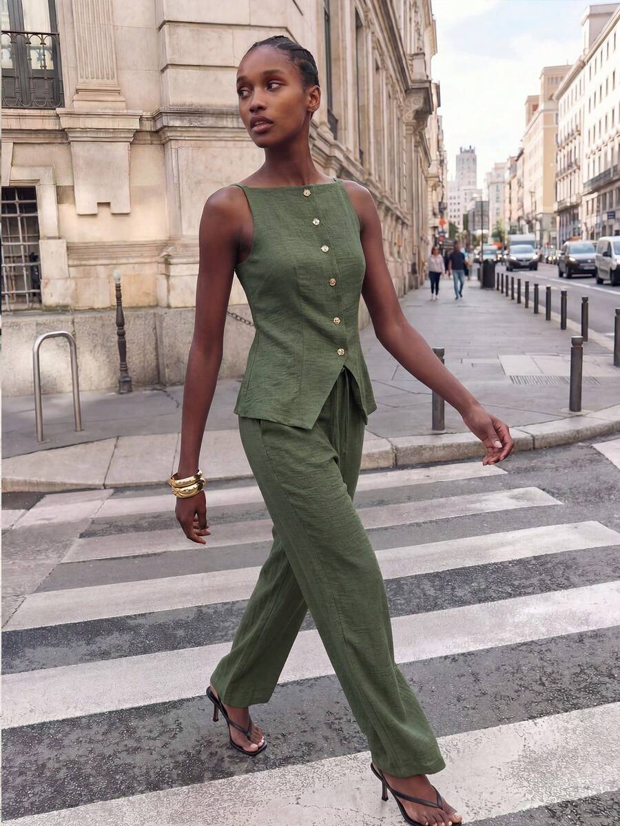 SHEIN Maija Casual Army Green Women's Woven Fabric Waistcoat And Long Pants Set With Pockets - Army Green - View 1