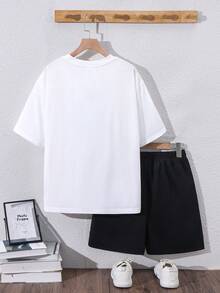 SHEIN 2-Pcs Teen Boy White Summer Football & Letter Print Short Sleeve Top And Pants Set,Sports & Streetwear Outfits For Daily Wear,School,Parties,Festivals - Black and White - View 3
