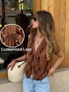 SHEIN Frenchy 女士植物刺绣拼接荷叶边下摆前系带无袖衬衫 - 棕色 - 查看 2