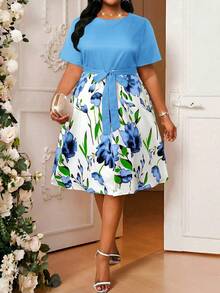 SHEIN Lady 春夏优雅通勤办公休闲波西米亚风彩色针织圆领喇叭腰带中长短袖大码连衣裙，适合各种身材，夏季女装，夏季连衣裙，女士办公装，度假连衣裙，夏季女装 - 藍色 - 查看 1