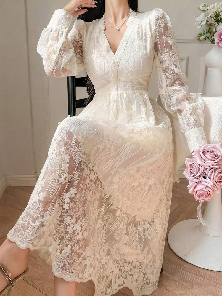 Women's Elegant Lace V-Neck Petal Sleeve Midi Dress, Spring/Summer,Wedding Guest Dress Women Sundress