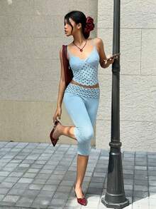 MainGRL Quần legging lửng chấm bi xanh nhạt xếp ly dành cho nữ, dáng ôm, thích hợp cho du lịch và hẹn hò mùa hè. - Màu xanh nhạt - Xem 7