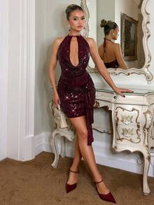 Glamine Wine Red Color Shiny Halter Sexy V-Neck Backless High Slit Slim Sleeveless Asymmetrical Maxi Dress,High-End Elegant Dress,Prom Dress,Music Festival Carnival Outfit,Street Style,Concert Outfit,Club Outfit,Date Outfit,Women's Birthday Outfit,Party Essential,Wedding Banquet Dress,Fashion Floral Element,Shiny Dress - Burgundy - View 4