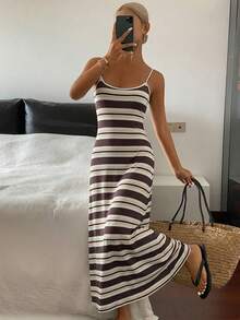 DAZY Vestido casual de verano nuevo a rayas para vacaciones en la playa para mujeres - Caqui - Ver 3