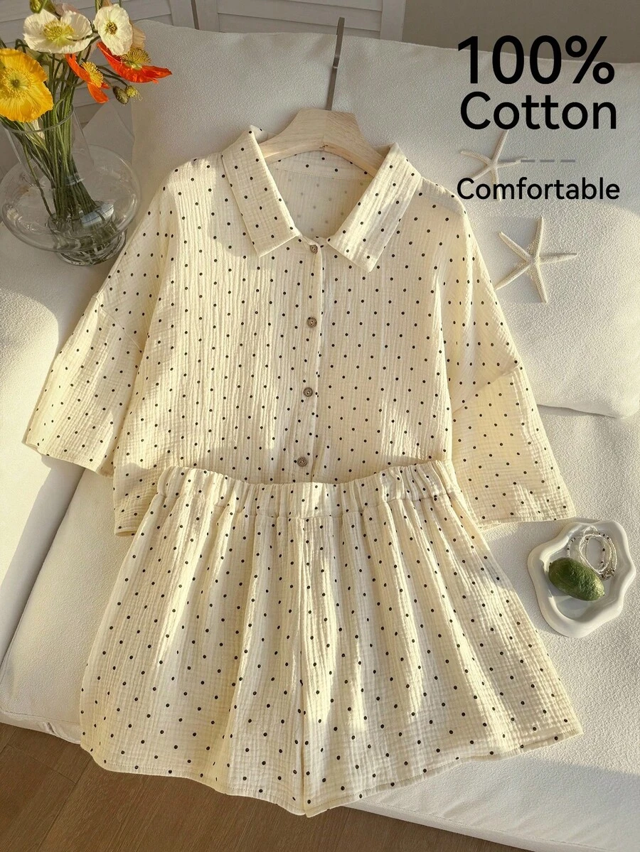 Comfortcana 2pcs/Set Women's Polka Dot 100 Percent Cotton Shirt And Shorts Outfit,Plus Size Beige Summer Smart Casual Everyday Holiday Comfortable Clothes - Multicolor - View 1