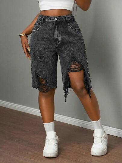 Slaydiva Quần short denim rách có túi dành cho nữ cỡ lớn.