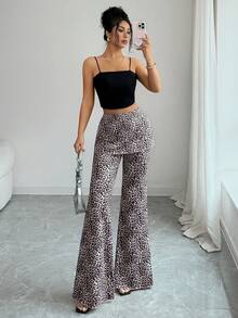 SHEIN Clasi Women's Leopard Print Milk Silk Flared Leggings,Double-Layered Summer Pants For Festival Night Out,Seksi Chic Beige Fitness Leggings For Travel - Multicolor - View 3