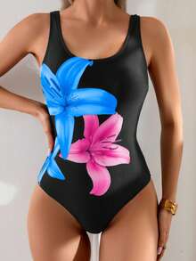 Swim Basics 女士性感印花露背连体泳衣，夏季 - 彩色 - 查看 3