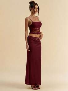 SHEIN BAE 女士夏季撞色蕾丝透视露脐吊带背心和迷你裙两件套 - 酒紅色 - 查看 6