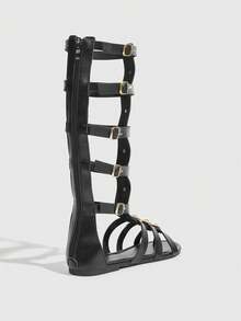 Daringsoles 2026年春夏新款女鞋，金属搭扣设计，圆头平底罗马凉鞋，黑色露趾度假鞋 - 黑色 - 查看 4