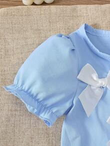 SHEIN Playful Pals 2件套 女童圆领短袖3D蝴蝶结灯笼袖T恤+弹力腰牛仔蓝阔腿裤 休闲时尚套装，夏季新品 - 淺藍色 - 查看 6