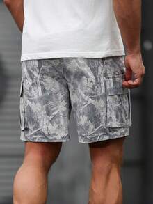 Manfinity LEGND 新款夏季男士迷彩树纹工装短裤，多口袋休闲工装裤，时尚百搭 - 卡其色 - 查看 2