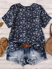 EMERY ROSE 女士圆领V领短袖绿色碎花衬衫，夏季 - 藏蓝色 - 查看 2