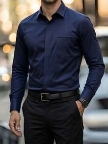 Manfinity Bizformal Áo sơ mi dài tay nam công sở dáng thường ngày, chống nhăn, có túi - Màu xanh hải quân - Xem 4