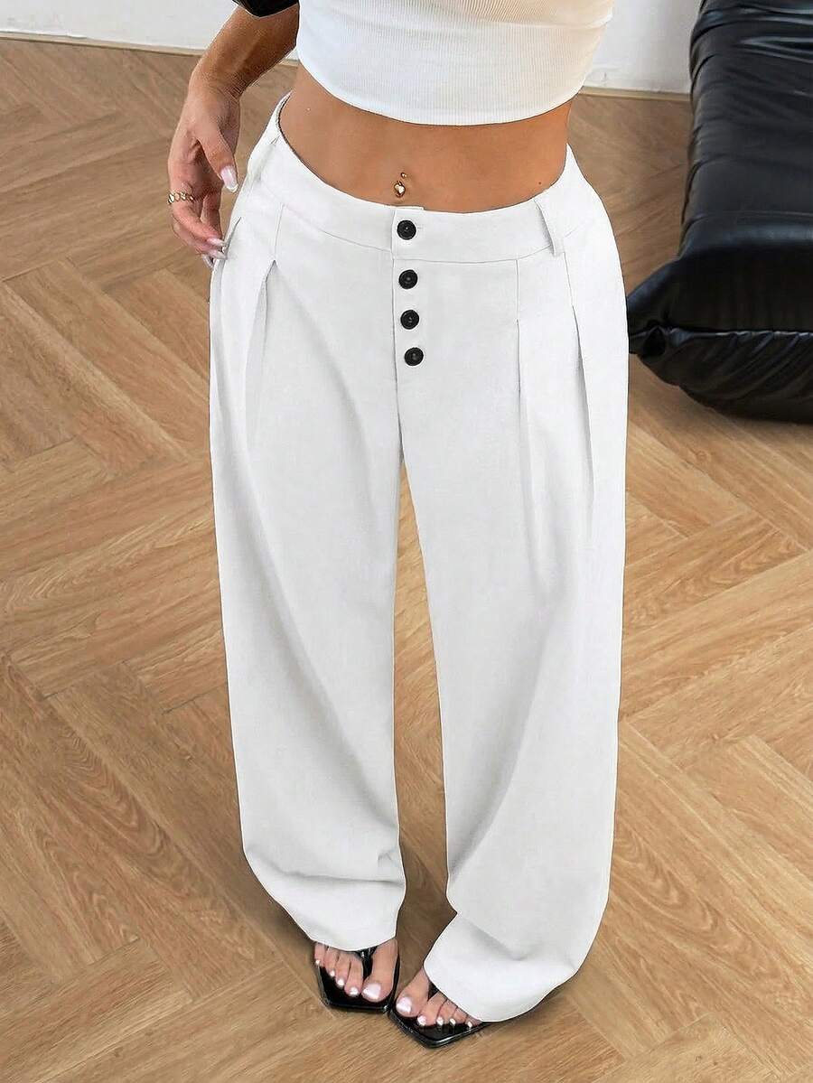 SHEIN Unity Women's Button Front Pleated Wide Leg Loose Pants - White - View 1