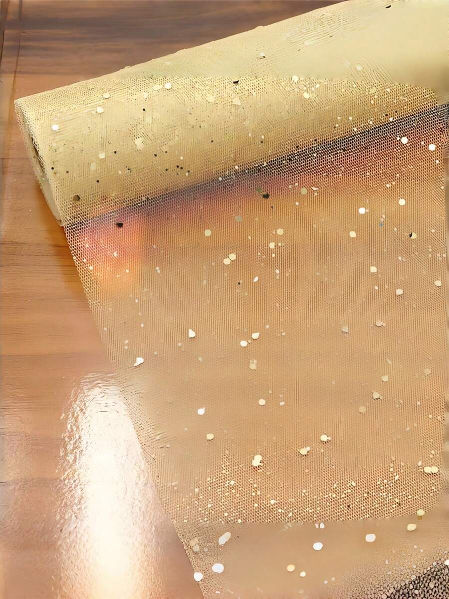 1卷金色闪光薄纱面料,尺寸275厘米 x 30厘米,亮片闪光网纱缎带,适用于婚礼拱门背景、DIY蓬蓬裙、礼品包装、派对装饰、桌旗、花束包装(复古金色) - 彩色 - 查看 1