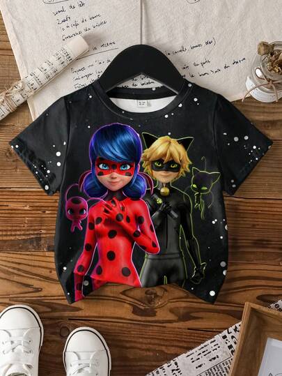 Miraculous Ladybug X SHEIN Camiseta casual de manga corta y cuello redondo con estampado de personaje de dibujos animados para niña joven