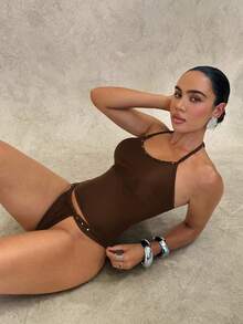 Swim Glamine Conjunto de traje de baño de verano para mujer con parte superior tipo tankini de unicolor con cuello halter y Bottom tipo tankini triangular - Marrón - Ver 7