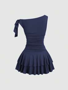 Sweetra Gaun Wanita Elegan dengan Dekorasi Logam, Bahu Asimetris dan Hem Berumbai, Musim Panas - Navy Blue - View 2