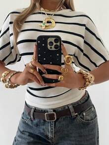 SHEIN EZwear Áo thun nữ dáng ngắn tay cánh dơi kẻ sọc, thích hợp mặc đi làm hàng ngày. - Đen và trắng - Xem 7