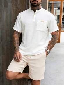 Manfinity Homme 男士纯色贴袋夏季休闲多功能短袖衬衫 男士沙滩亚麻衬衫 - 白色 - 查看 4