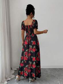 SHEIN Elenzya Đầm nữ in hoa hồng, cổ vuông, eo thon, dáng chữ A, tay phồng, thanh lịch, thích hợp mặc hàng ngày/đi nghỉ mát/đi làm, dự tiệc, phong cách đường phố Pháp, đa năng, màu trắng, in hoa hồng đỏ, thích hợp cho đầu xuân/xuân-hè, tay ngắn, dáng midi. - Đỏ và đen - Xem 2