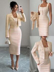 Elenzga Bộ vest vải tuýt 2 mảnh: Áo khoác blazer cổ khoét thanh lịch + Váy ôm sát không tay, trang phục sang trọng, quý phái cho mùa xuân/thu - trái cam - Xem 2