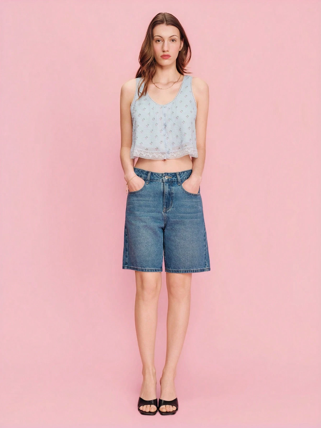Sky Blue Floral Print Cropped Cami Top With A Round Neckline And Lace Detail Cute Top Vacation Top Women Resort Top Spring Summer French Style Parisian Style Floral Top Crop Top Sleeveless Top